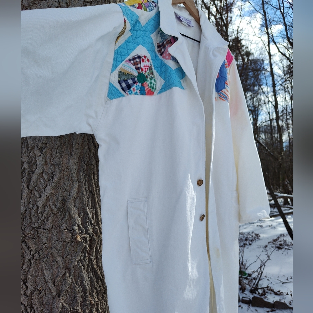 White Quilted Duster Jacket Upcycled Patchwork KAS Originals 80s Cotton One Size - Picture 10 of 16